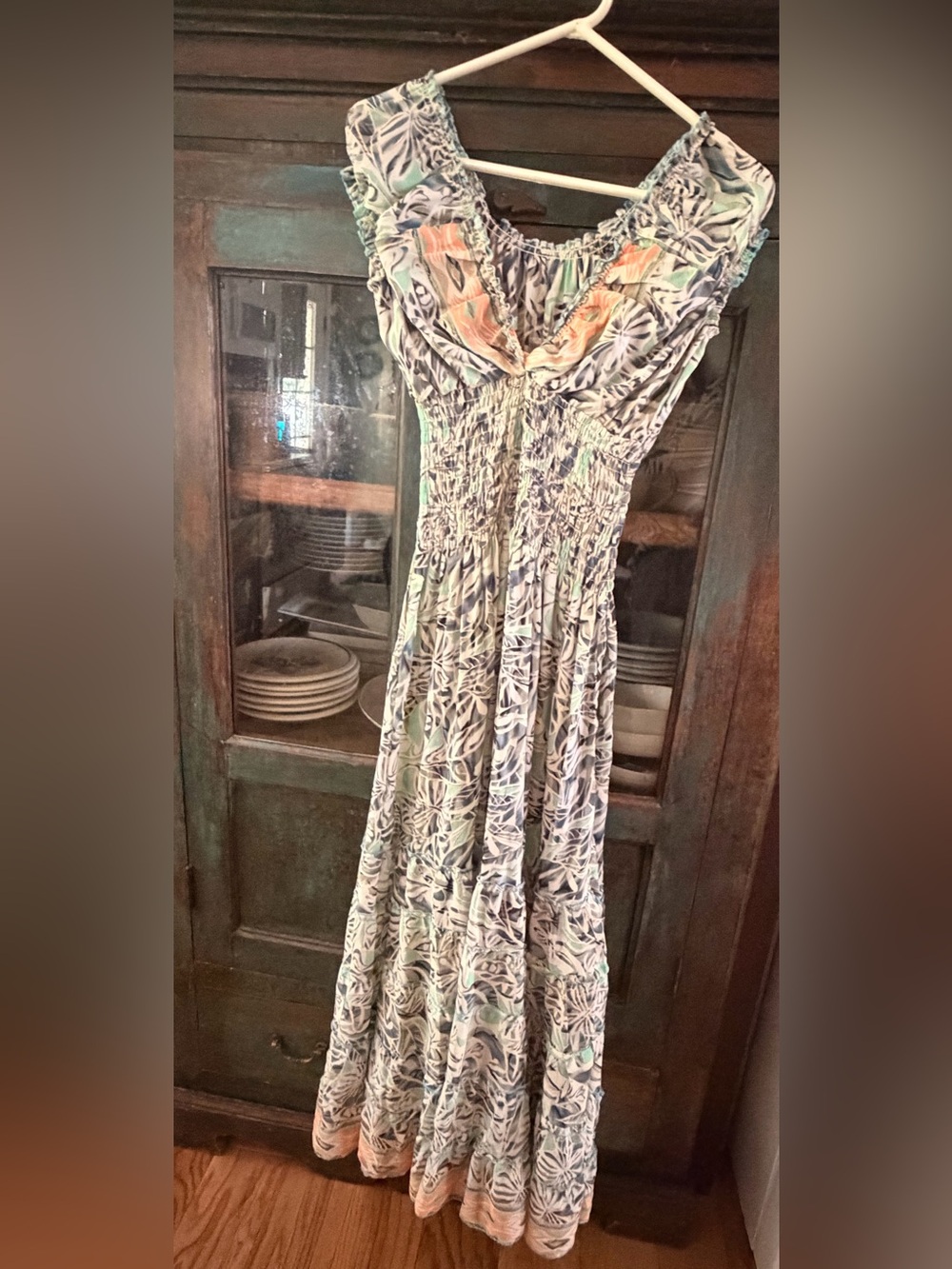 Women’s Smocked Maxi Dress in Teal & Coral